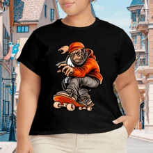Camiseta Plus Size para Mujer con Cuello Redondo y Estampado - Negro - Ver 4