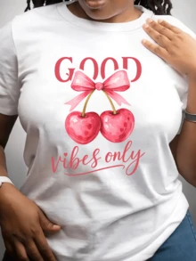 Two Bright Cherries Joined By A Pink Ribbon Symbolize Joy, Friendship, And Positive Energy, Inspiring Confidence And Optimism. A Modern And Comfortable Casual Women's T-Shirt For Everyday Wear. - 白色 - 查看 1