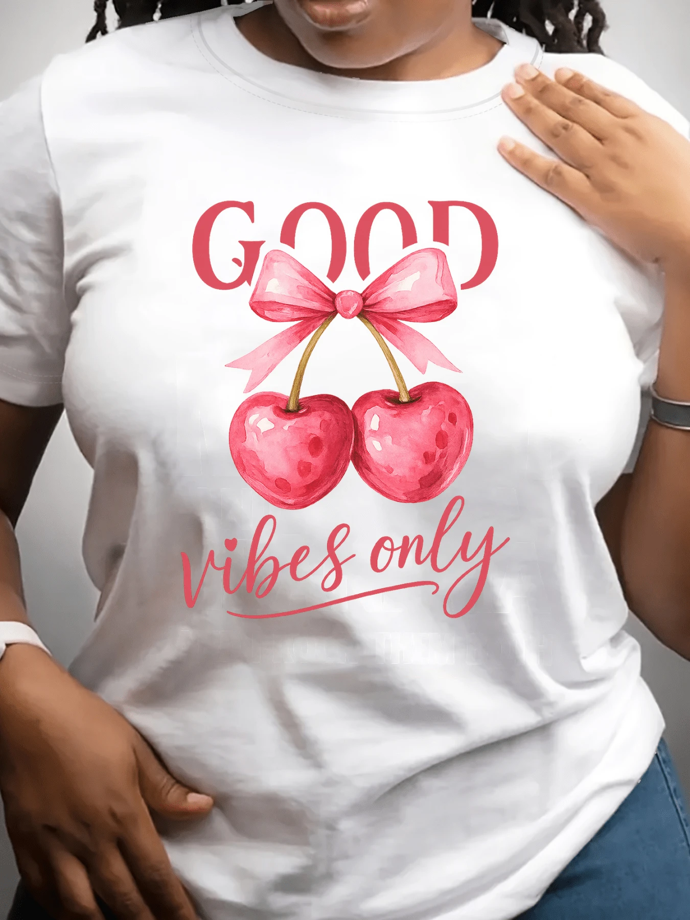 Two Bright Cherries Joined By A Pink Ribbon Symbolize Joy, Friendship, And Positive Energy, Inspiring Confidence And Optimism. A Modern And Comfortable Casual Women's T-Shirt For Everyday Wear. - 白色 - 查看 1