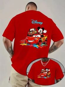 (Disney Licensed T Shirts)Disney PIXAR1 Cars Lightning McQueen & Mickey Mouse Crossover Graphic Tee Men's Oversized Crew Neck Short Sleeve T-Shirt, Casual Streetwear With McQueen, Mater & Mickey Print, Colorful Splatter Racing Car Loose Fit Casual Top, Mens Clothes, Men, Ropa De Hombre, Summer Clothes, Men Shirts, Graphic Tees, Disney Outfits Men, Graphic Tees, Camisetas Para Hombre, Camisas Para Hombre, Summer Outfits For Men, Father's Day Gift, Perfect Gift For Family And Friends, Which Are Necessary For Birthday Parties, Disney Shirts, Mens Clothes, Summer Clothes, Officially Licensed Disney T-Shirts, Disney Men's And Women's Spring/Summer Fashion Casual Short-Sleeve T-Shirts, Disney Top - Red - View 1