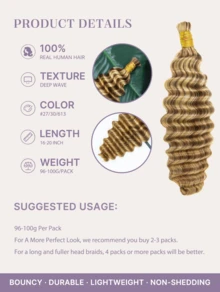 Y WIGS #27/30/613 波浪 100% 原生女用接髮,95-100g 無結編髮,16-20 英吋長,適用於波希米亞編髮、足球賽、運動、假日、日常穿搭 - 彩色 - 查看 4