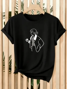 Minimalist Figure Of A Woman Holding A Cup Symbolizing Calm, Elegance And The Pleasure Of Life's Simple Moments. Modern, Comfortable Casual Women's T-Shirt For Everyday Wear. - 黑色 - 查看 1