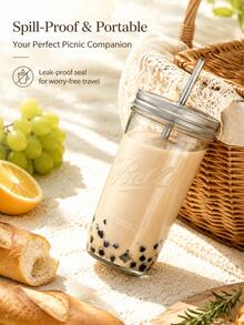 1 Piece (Set) Large-Capacity Heat-Resistant Transparent Glass Mason Jar (With Lid And Straw), Suitable For Boba Milk Tea, Coffee, Juice And Cold Drink - 無色 - 查看 7