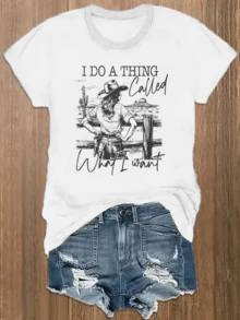 Image Of A Woman Wearing A Cowboy Hat Gazing At The Horizon With A Free Attitude And Adventurous Spirit, Reflecting Determination And Confidence. Modern Casual Women's T-Shirt Ideal For Everyday Wear. - 白色 - 查看 8
