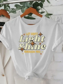 Motivational Phrase That Invites You To Let Your Inner Light Shine And Transmit Positive Energy With Retro Typography And Luminous Stars. Casual, Comfortable And Modern Women's T-Shirt For Everyday Use - 白色 - 查看 1