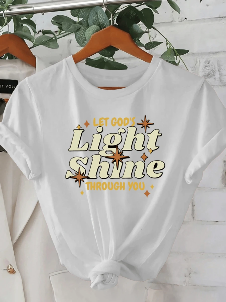 Motivational Phrase That Invites You To Let Your Inner Light Shine And Transmit Positive Energy With Retro Typography And Luminous Stars. Casual, Comfortable And Modern Women's T-Shirt For Everyday Use - 白色 - 查看 1