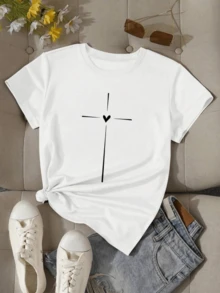 White Cross With A Heart In The Center Symbolizing Faith, Hope, And Love, Conveying Serenity And Balance. A Modern And Comfortable Casual Women's T-Shirt For Everyday Wear. - 白色 - 查看 8