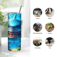 1/5个20盎司直筒保温杯，印有逼真的深海大白鲨图案，带吸管和盖子，保温/保冷，适合户外旅行、健身、海洋主题日常使用，生日礼物和毕业纪念品 - 鯊魚3 - 查看 8