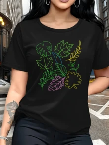 Multicolored Tropical Leaf Shapes Representing The Connection With Nature, The Freshness Of The Forest, And Vital Harmony. Women's Casual, Modern, Comfortable T-Shirt For Everyday Wear. - 黑色 - 查看 6