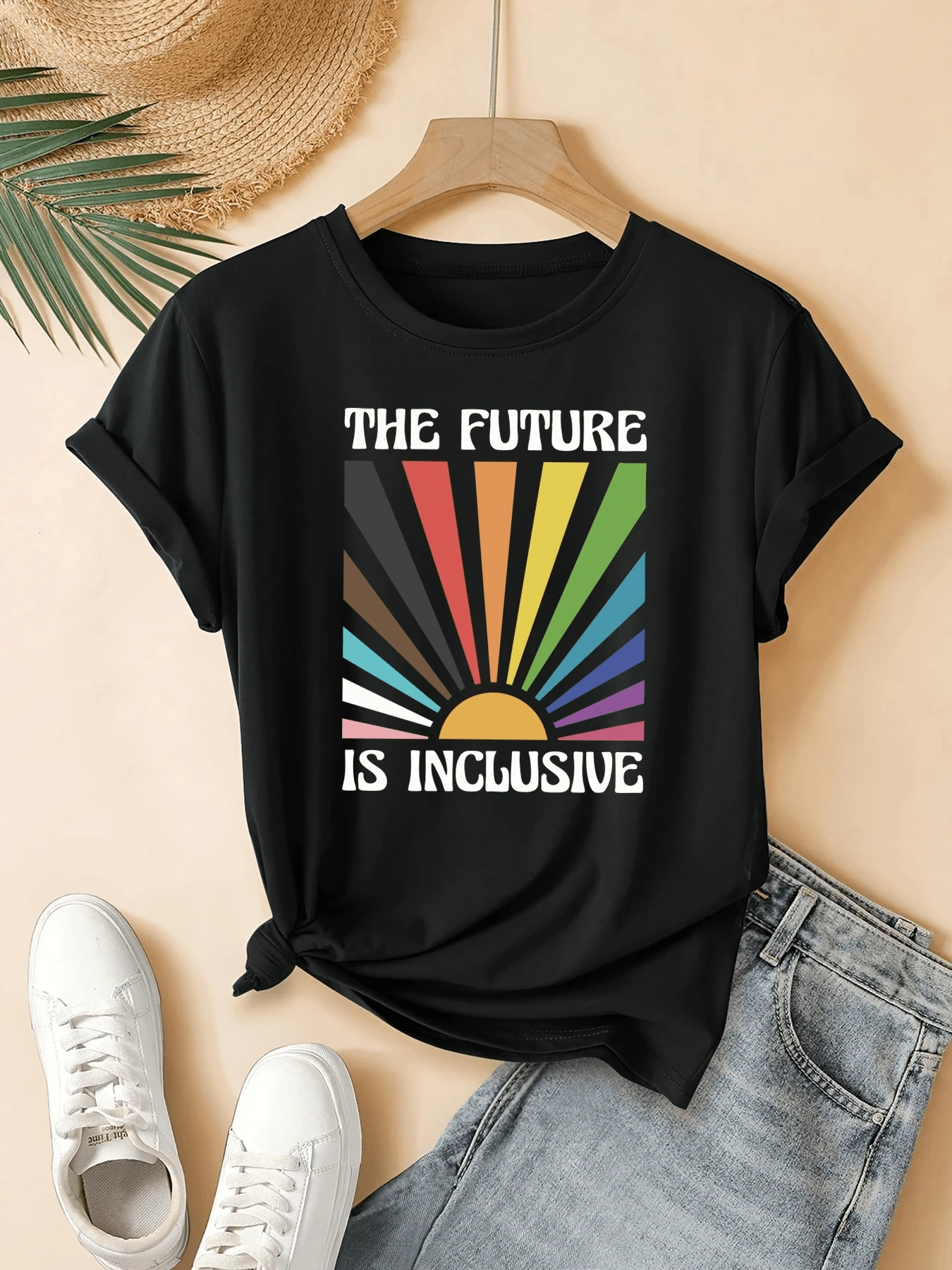 Multicolored Rays Emerging From Behind A Sun Symbolize Hope, Unity, And Respect For All People, Reflecting A Positive And Modern Message. Comfortable Casual Women's T-Shirt For Everyday Wear - Black - View 1