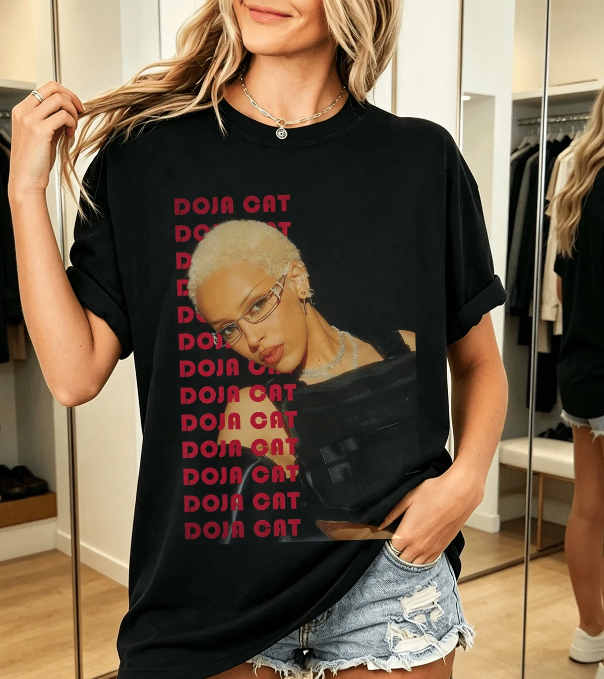 100% Cotton Doja Cat Portrait T-Shirt With Red Text, Grunge Style - Black - View 1