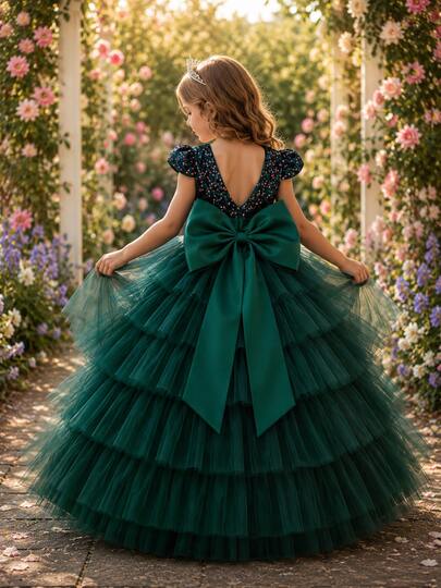 KAFEIBEI Young Girls Princess Dress With Gorgeous Bow, V-Neck, Sequin Mesh, Fluffy Long Skirt, Wedding Princess Party Dress, Suitable For Graduation Prom And Formal Occasions
