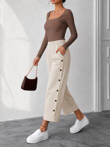 Women's Casual Button Decor Slant Pocket Loose Pants - Beige - View 5
