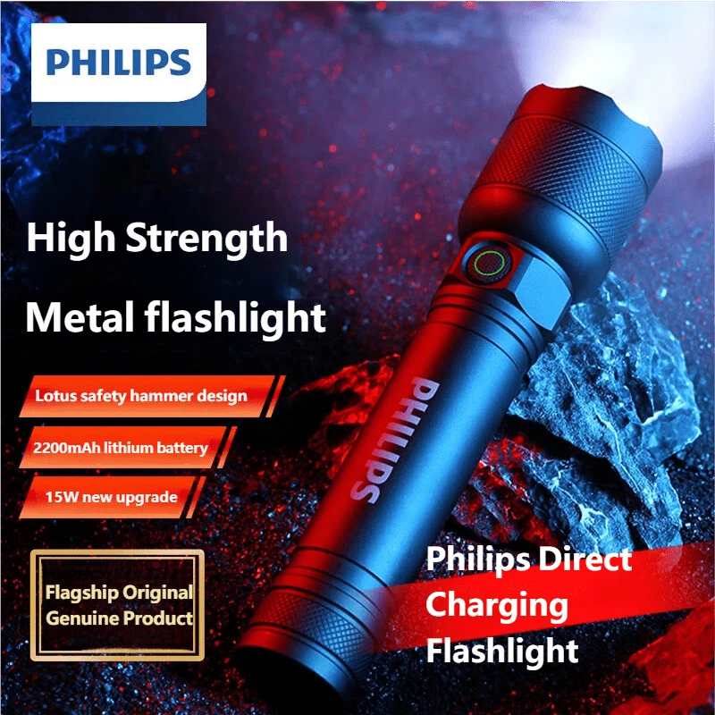 PHILIPS 飛利浦 USB 充電式便攜手電筒,全金屬機身,超亮,長電池壽命,戶外徒步露營燈,自衛頭部設計,防水緊急燈,原裝飛利浦 SFL2188 - 黑色 - 查看 1