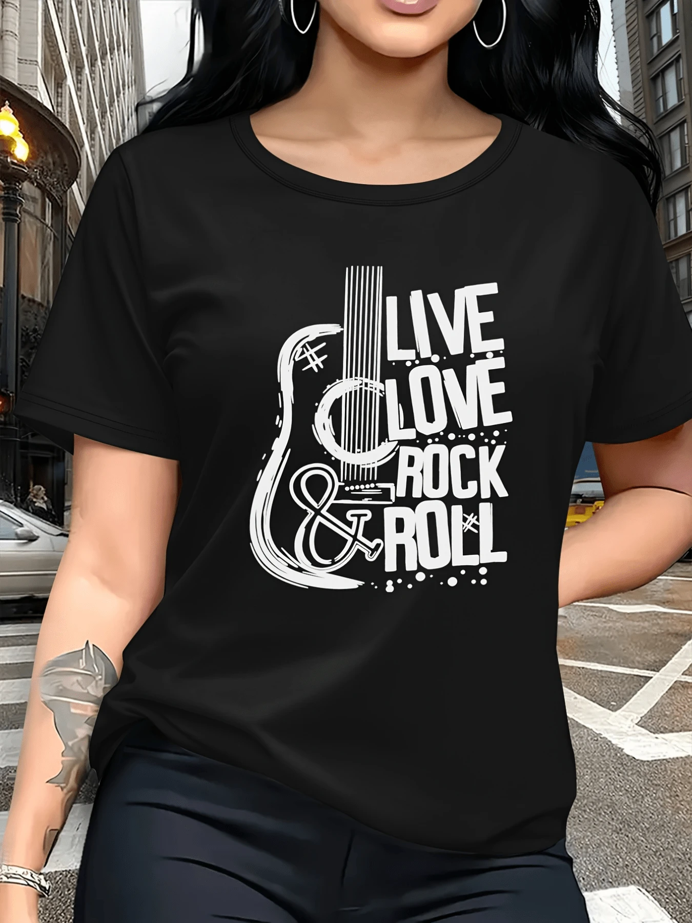 Electric Guitar With A Positive Message Evoking Freedom, Passion For Music, And The Spirit Of Rock And Roll. Modern Casual Women's T-Shirts For Everyday Wear. - 黑色 - 查看 1