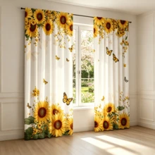 2 Stücke Aquarell Sonnenblumen und Schmetterlinge Vorhang. Mit goldenen Sonnenblumen kombiniert mit Monarchfalter und floralen Verzierungen. 2D Flachdruck, lichtdurchlässig. Sommerliches botanisches Thema, geeignet für Wohnzimmer, Esszimmer, Bauernhäuser und Küchen. - Verschiedenfarbig - Übersicht 7