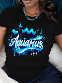 Aquarius Symbols Representing The Energy Of Water, The Flow Of Emotions, And The Connection With The Universe In Bright Blue Tones. Modern And Casual Women's T-Shirt - 黑色 - 查看 6