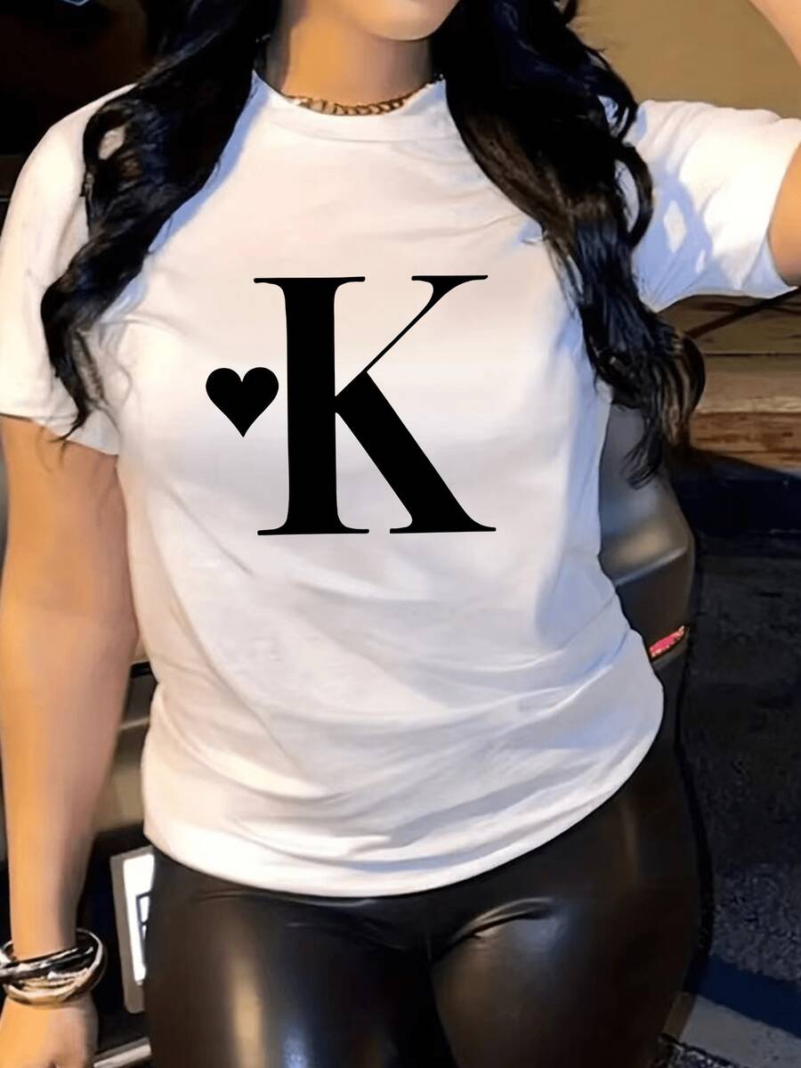 Graphic T-Shirt With Letter K - Casual Fabric, Crew Neck, Short Sleeve Sports T-Shirt For Women, Spring/Summer Clothing - Comfortable Fit, 100% Machine Washable - 白色 - 查看 1