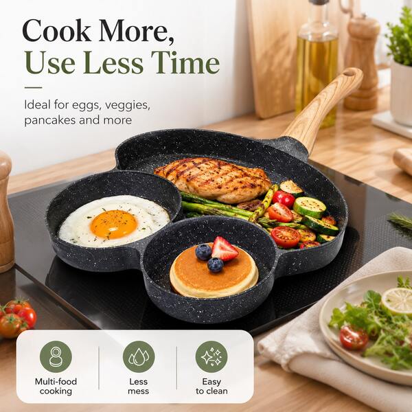 33x17cm 3-Compartment Non-Stick Breakfast Pan, Aluminum Composite Bottom Multi-Function Griddle, 0.44kg Lightweight Divided Cooking
