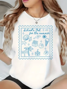 Motivos veraniegos con conchas estrellas de mar palmera castillo playa helado y avión que evocan diversión libertad y días soleados de descanso para transmitir energía fresca y optimismo camiseta de mujer casual cómoda - Blanco - Ver 6