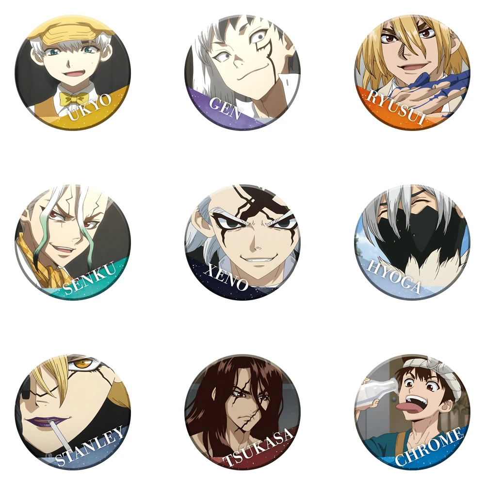 Pin Enamel Kartun Anime DR STONE Senku Gen Tsukasa Xeno Bentuk Bulat Kreatif untuk Aksesoris Ransel dan Hadiah - Batu - View 1