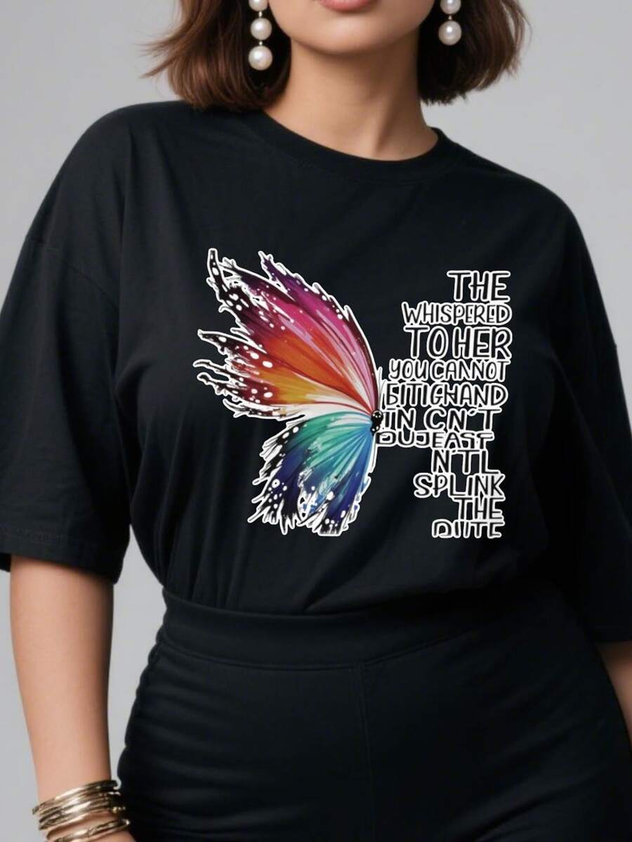 Ala de mariposa multicolor simboliza libertad fuerza interior y esperanza recordando el poder de renacer tras cada desafío camiseta de mujer casual elegante cómoda para uso diario - Negro - Ver 1