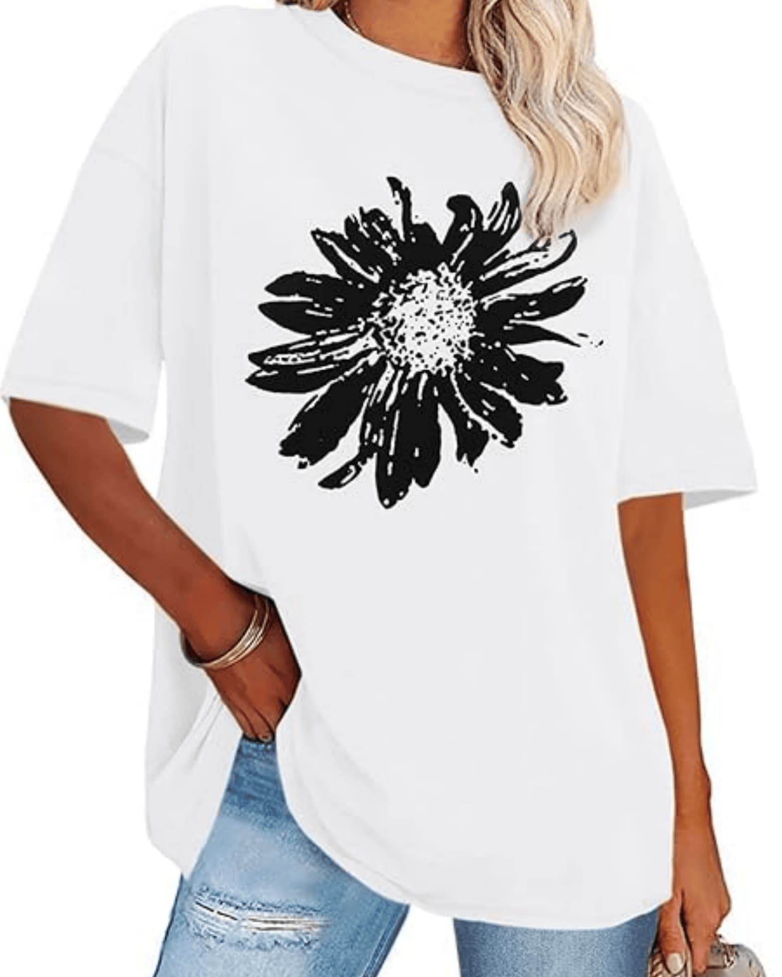 Large Dark-Toned Flower Symbolizing Inner Strength And Natural Vitality, With Outstretched Petals Representing Freedom And Connection To Simple Beauty. A Comfortable, Modern, Casual Women's T-Shirt For Summer. - trắng - Xem 1