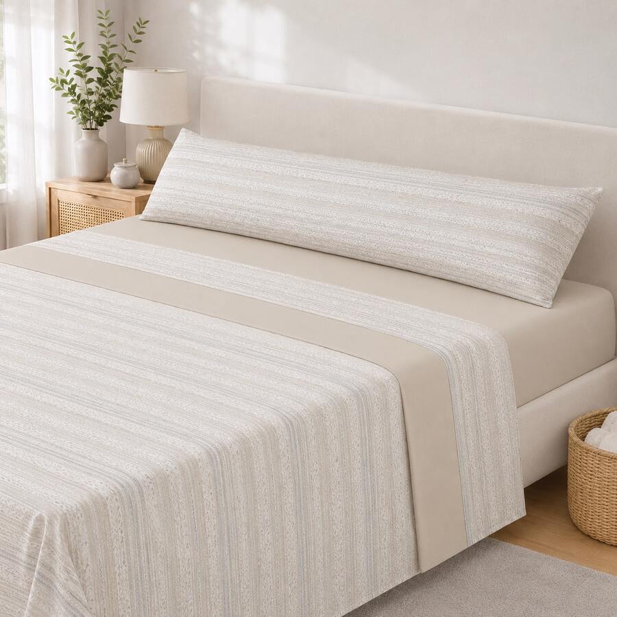 Bộ ga trải giường bằng sợi microfiber, 100% polyester, mềm mại và mát mẻ cho mùa hè, in họa tiết, bao gồm ga trải giường có chun, ga phủ và 1 hoặc 2 vỏ gối, 18 mẫu thiết kế cho giường có kích thước 90/105/135/150/180 cm, ✅ Giao hàng tại Tây Ban Nha trong vòng 48 đến 72 giờ - Lineas Beige - Xem 1