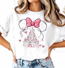 Disney Pink Minnie Bow Castle Tops De Mujer, Magical Watercolor Disneyland Graphic Tee, Dreamy Princess Castle Casual Vacation Shirt - White - View 1