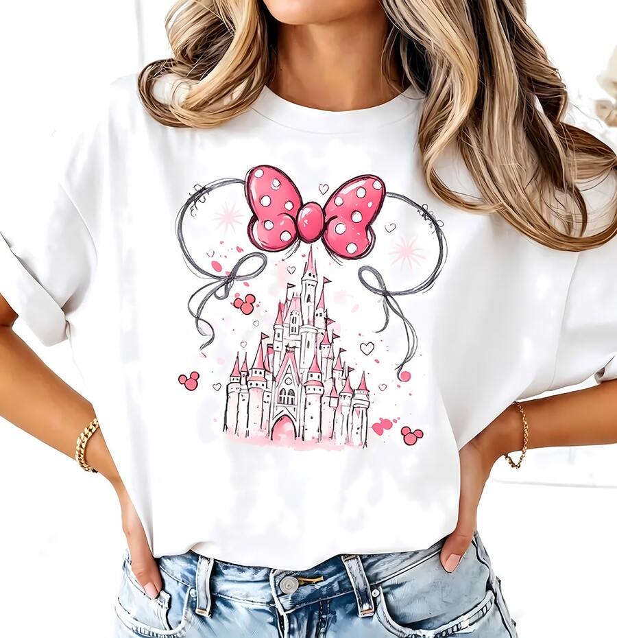 Disney Pink Minnie Bow Castle Tops De Mujer, Magical Watercolor Disneyland Graphic Tee, Dreamy Princess Castle Casual Vacation Shirt - White - View 1