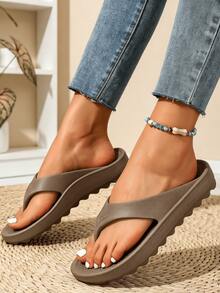 Unisex Flip Flops With Arch Support, Solid Color Beach/Home Slippers, Suitable For Spring, Summer, Autumn - Brown - View 4