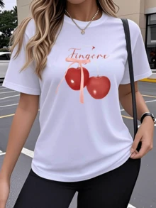 Two Bright Red Cherries Joined By A Soft Ribbon Represent Sweetness, Youth, And Feminine Charm In An Expression Of Joy And Love. A Modern, Casual Women's T-Shirt For Summer. - 白色 - 查看 6