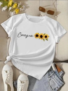 Three Sunflowers Next To The Word "Courage" Express Hope, Energy, And Inner Light, Symbolizing Bravery And Joy In The Face Of New Beginnings. Comfortable White Casual Women's T-Shirt For Everyday Wear. - 白色 - 查看 6