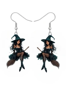 1pc Witch Riding Broom Acrylic Earrings, 2D Flat Design, Stainless Steel Earring Hooks, Suitable For Daily Wear And Parties, Applicable For Anniversary, Thanksgiving, Halloween, Christmas, All Seasons - Black Witch - View 6