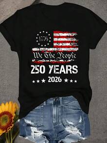 Vintage Flag With A Distressed Texture Representing The Spirit Of Unity And Freedom, With Stars And Lines Evoking 250 Years Of History Since 1776. Comfortable Casual Women's T-Shirt For Patriotic Celebrations In 2026. - 黑色 - 查看 8