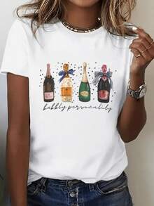 Camiseta Casual de Verano para Mujer con Estampado de Botella de Champán y Burbujas |   Camiseta suave y transpirable, corte holgado, camisa blanca lavable a máquina, ropa casual de fiesta para mujer, moda de verano. - Blanco - Ver 1