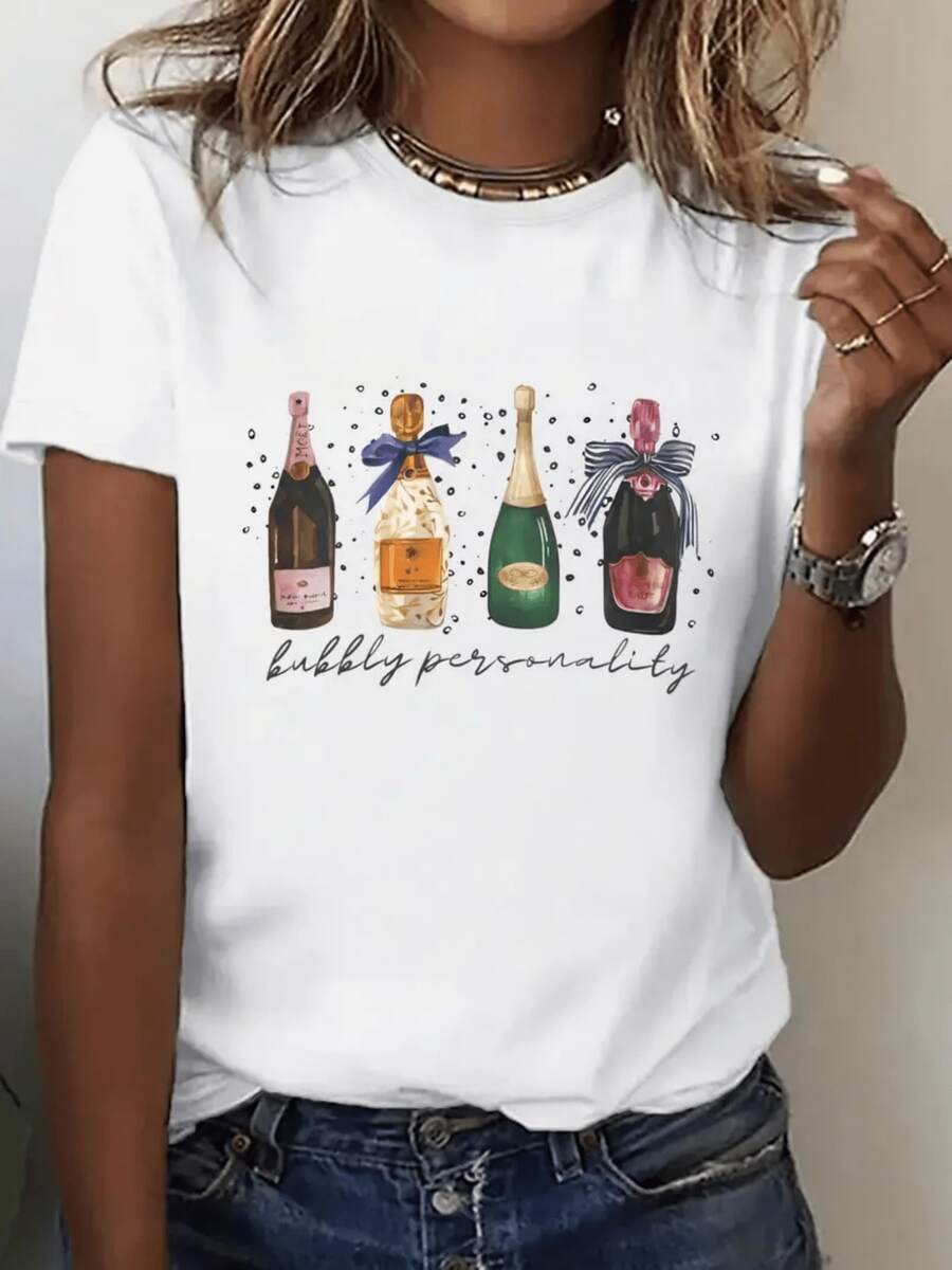 Camiseta Casual de Verano para Mujer con Estampado de Botella de Champán y Burbujas | Camiseta suave y transpirable, corte holgado, camisa blanca lavable a máquina, ropa casual de fiesta para mujer, moda de verano. - Blanco - Ver 1