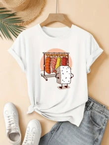 Adorable Sushi Curiously Observing Various Nigiri Hanging On A Rack, Symbolizing Diversity And Humor In Japanese Food. Funny White Casual Women's T-Shirt - 白色 - 查看 8