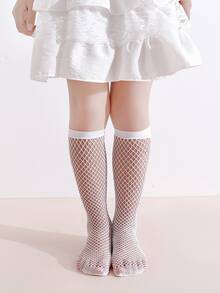 2 Pairs Girls' Rhinestone Mesh Socks, White Mid-Calf Breathable Fishnet Socks, Children's Dance/Party Versatile Princess Socks - White - View 2