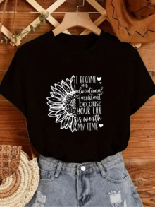 Girasol grande con mensaje que celebra la dedicación y el valor de ayudar a otros resaltando optimismo y empatía en cada detalle camiseta de mujer casual cómoda para diario - Negro - Ver 1
