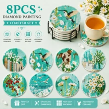 8件套春季DIY钻石画杯垫套装,圆形亮面钻石,强力背胶,工具齐全,适合初学者,减压手工,新年、情人节、圣诞节、教师节礼物,家居装饰桌面杯垫,送给家人、朋友、老师 - 青碧色 - 查看 2