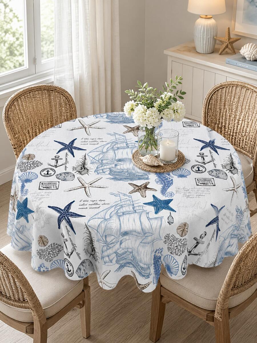 1pc Polyester Tablecloth, Nautical Anchor & Starfish Print Table Runner, Wrinkle-Resistant Waterproof Table Cover, Suitable For Restaurant, Kitchen, Home Decor, Bedroom, Garden, Wedding, Party, Indoor & Outdoor Use, All Seasons - White - View 1