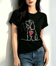 Women's Cocker Spaniel Line Art T-Shirt - Soft And Breathable Short-Sleeved Crew Neck Top With A Cocker Spaniel Dog Print, Machine Washable, Suitable For Casual Spring, Summer And Autumn Wear, Sizes S-XXL For Walks, Park Outfits And Everyday Wear - Black - View 2