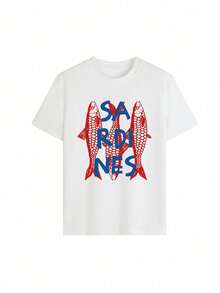 Two Vertical Red Fish Symbolize Vitality And Energy Alongside Blue Letters That Evoke Marine Freshness, Creating A Cheerful And Modern Contrast. Casual White Women's T-Shirt With Eye-Catching Graphic Print - 白色 - 查看 1