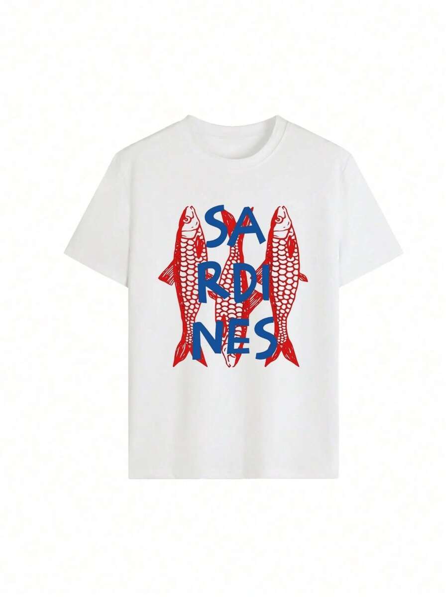 Two Vertical Red Fish Symbolize Vitality And Energy Alongside Blue Letters That Evoke Marine Freshness, Creating A Cheerful And Modern Contrast. Casual White Women's T-Shirt With Eye-Catching Graphic Print - 白色 - 查看 1