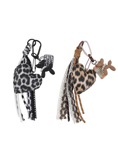 1pc Retro American Leopard Print Heart Shaped Keychain, Dual-Tone Leopard Heart Pendant With Lace Tassel And Braided Cord Design, Fashionable And Practical For Daily Wear