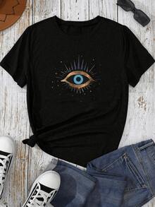Mystic Blue Eye Surrounded By Golden Sparkles Symbolizing Protection, Intuition, And Inner Energy, Representing Clarity And Spiritual Power. Women's Casual, Modern, Comfortable T-Shirt For Everyday Wear. - 黑色 - 查看 8