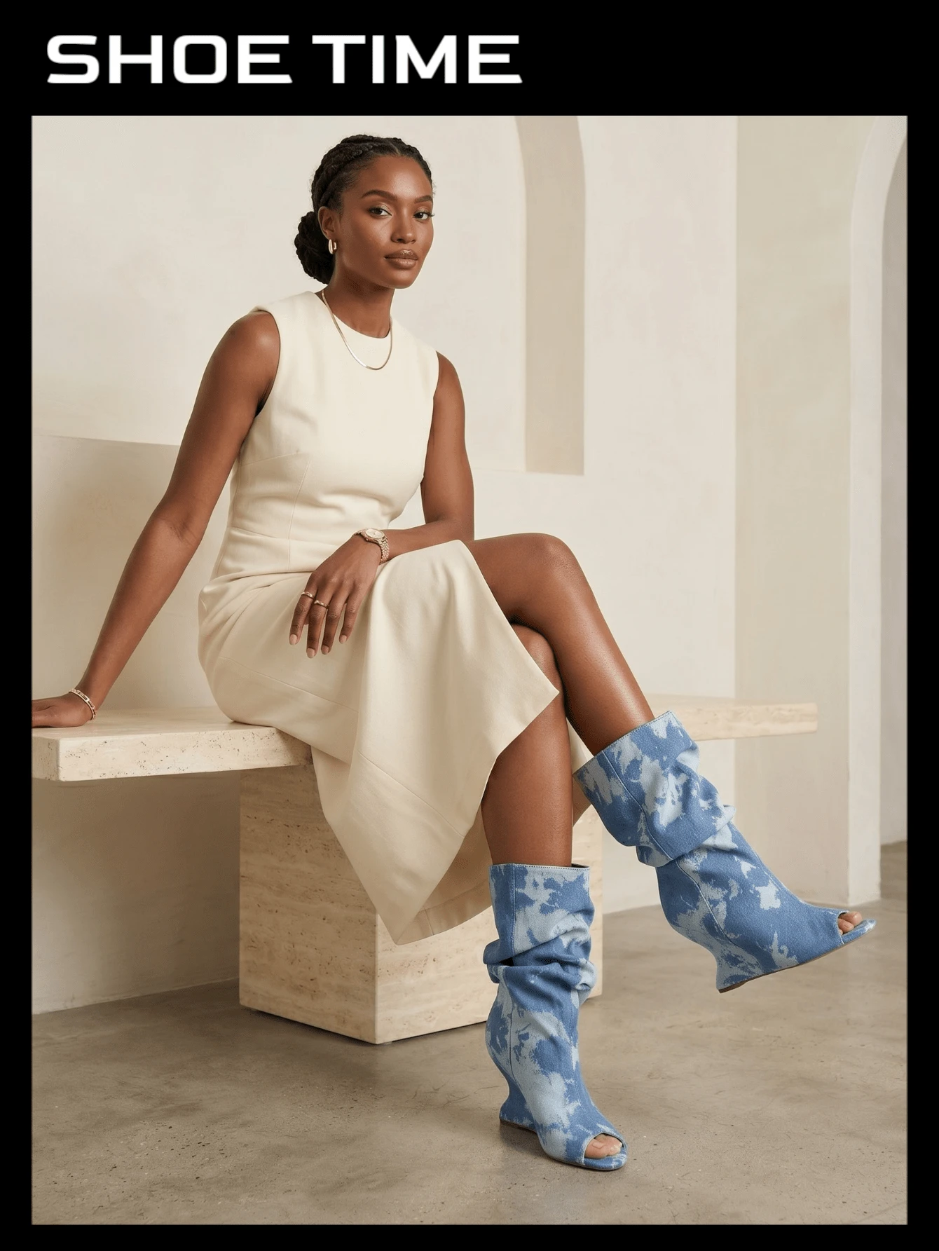 Women's Slouch Mid Calf Peep Toe Wedge Boots Fashion Ruched Pull On Dress Booties - 藍色牛仔布 - 查看 1