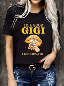 Golden Lips That Shine With Attitude And A Playful Gesture Of Silence Convey Strength, Confidence, And Charisma With Words That Celebrate Feminine Authenticity. A Modern, Elegant, And Comfortable Women's T-Shirt For Everyday Wear. - 黑色 - 查看 1