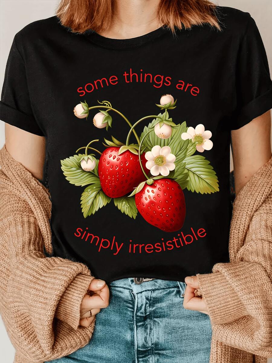 Two Red Strawberries With Green Leaves And Delicate White Flowers Represent Natural Sweetness And Positive Energy Full Of Charm And Joy. Comfortable Casual Women's T-Shirt For Everyday Wear - 黑色 - 查看 1